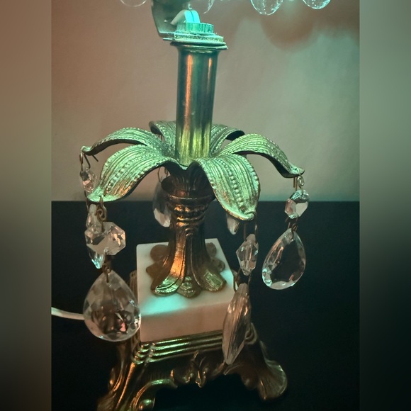 VINTAGE BOHEMIA GLASS CRYSTALS, BRASS/MARBLE BOUDOIR LAMP ~12”H USA MADE - Picture 3 of 16